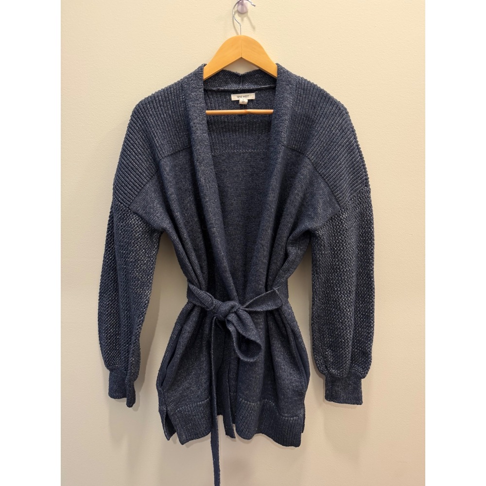 Nine West Women's L Blue Belted Cardigan Sweater Textured Balloon Sleeve